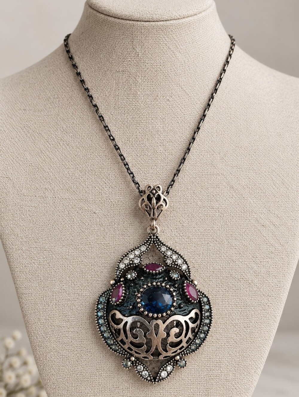 Witchy Byzantine Medieval Inspired Fliagree Black Brass Tone Pendant Necklace
